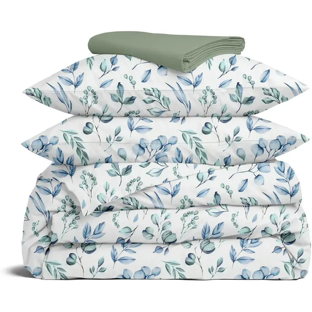 Комплект постільної білизни Cosas євро з простирадлом на резинці STEPPE FLOWERS CS3 200 x 220 см (FoliageBlueMint_El-109Meditative_200)