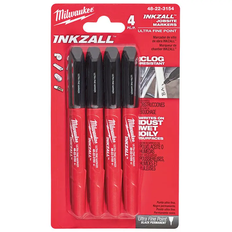 Набір маркерів для будмайданчика InkZAll MILWAUKEE, ультратонких, чорних, (4шт)