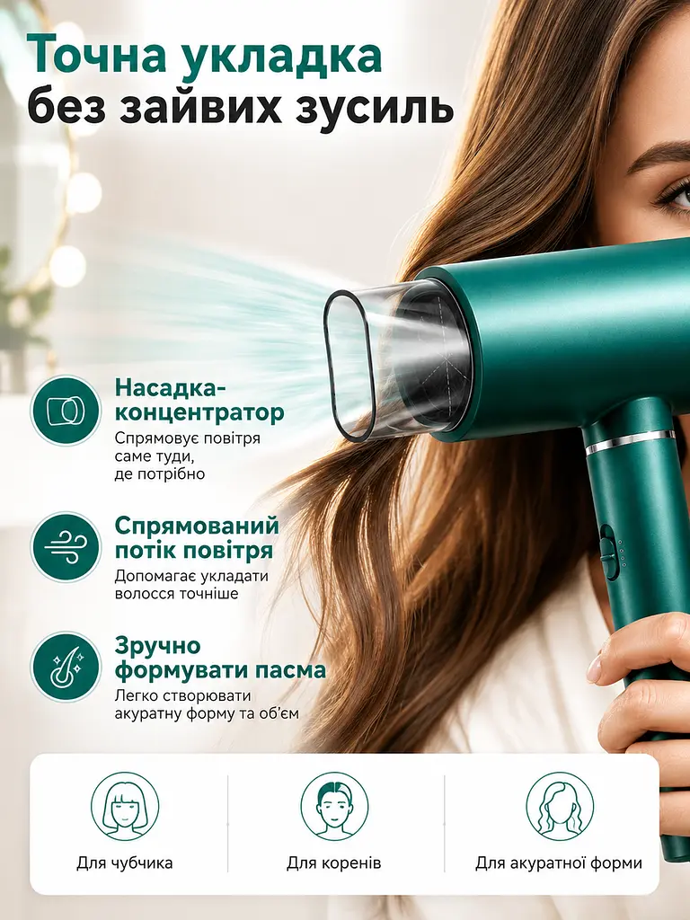 Професійний фен зелений 1800 W з холодним обдувом, іонізацією та насадкою-концентратором (49675926) - фото 6