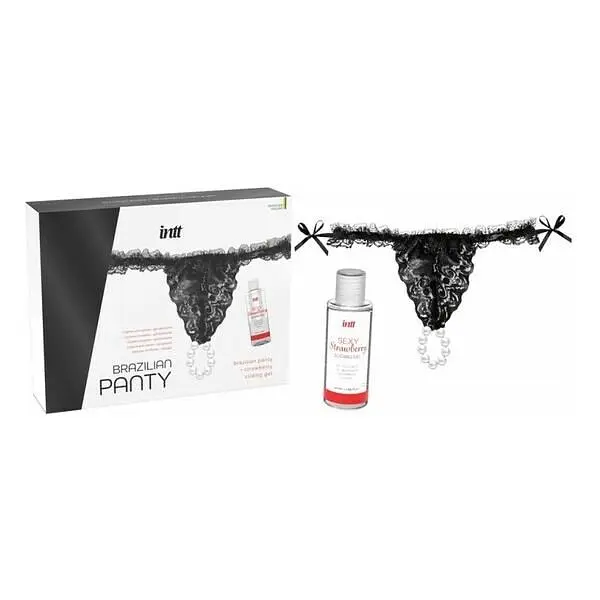 Набір Intt BRAZILIAN PANTY BLACK: трусики на зав'язках S-XL з перлинним кільцем + полунична змазка Intt SO7129 94726 - фото 2