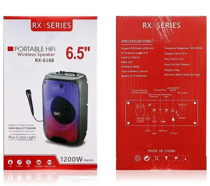 Портативна Bluetooth колонка RIAS RX-6168 6.5" RGB валіза з караоке 2400 mAh 10W Black - фото 5