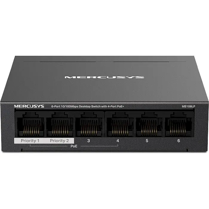 Комутатор Mercusys MS106LP, Black, LAN 10/100/1000Mb, 4 порти PoE+