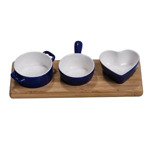 Набор фарфоровых менажниц для закусок 3 (шт) по 50 (мл) меновщицы на бамбуковой подставке Синий Yiwu HZ001-B - фото 2
