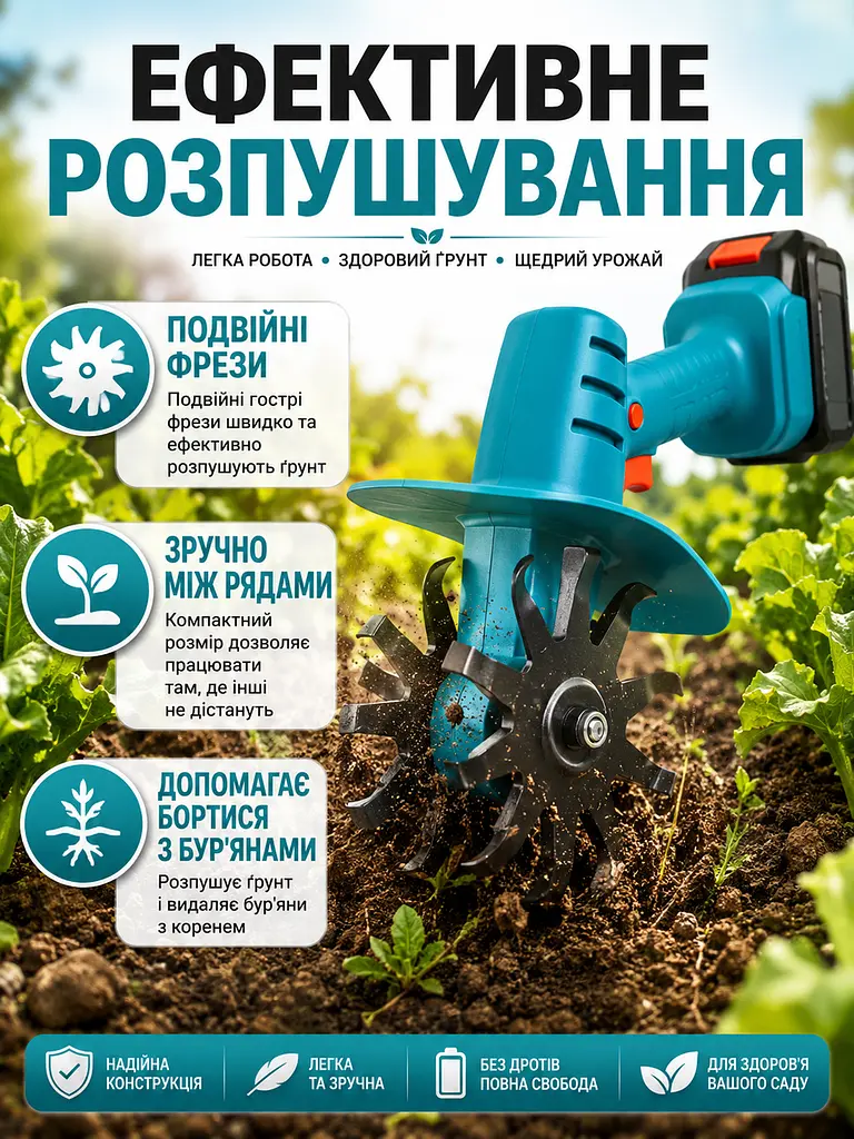 Міні культиватор акумуляторний синій для розпушування землі, саду, клумб і грядок (49675919) - фото 5