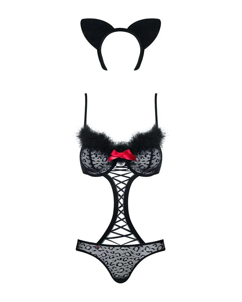 Еротичний костюм гепарду Obsessive Gepardina 3 pcs costume S/M, чорний, хутряне оздоблення, монокіні - фото 5