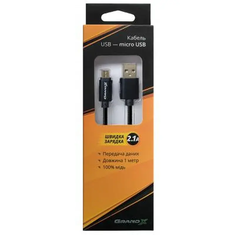 Дата кабель USB 2.0 AM to Micro 5P 1.0m Cu, 2.1A, Black Grand-X (MM-01B) - фото 3