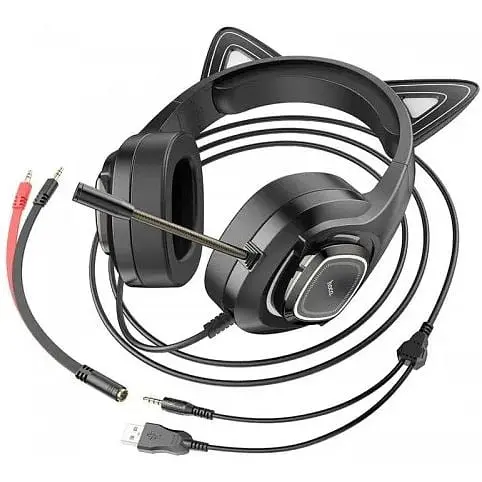 Навушники Hoco W107 Cute Cat Luminous Cat Ear Gaming Headphones чорно-зелені 6931474791269 - фото 6