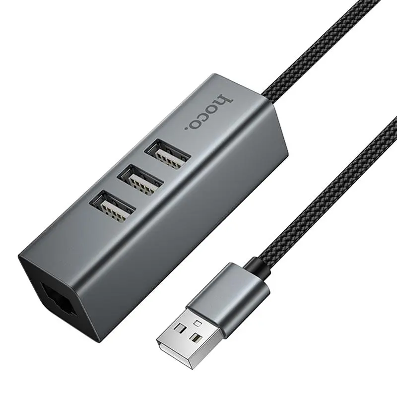 Перехідник HUB Hoco HB1D USB to USB2.0*3+RJ45 Metal gray - фото 6