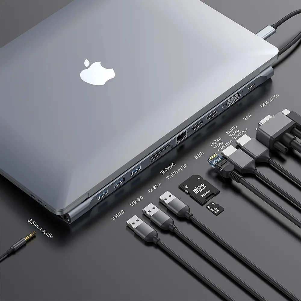 Usb-хаб Baseus Enjoyment Series Type-C Notebook (PD / HDMIx2 / VGA / RJ45 / SD / TF / Usbx3 / Adapter) Темно-сірий - фото 2