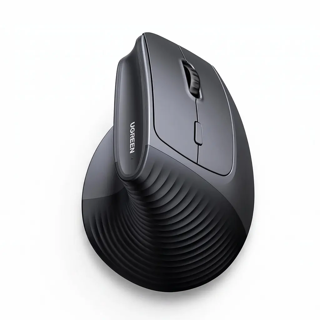 Бездротова вертикальна миша UGREEN M571S Bluetooth та USB-A приймач 2,4 ГГц 4 рівні чутливості до 4000 DPI перемикання між трьома пристроями тихі кнопки та коліщатко вбудований акумулятор із заряджанням USB-C бічні кнопки швидкого доступу пам’ять DPI для кожного пристрою опора для великого пальця протиковзна накладка під палець у комплекті відсік для приймача кабель заряджання USB-A на USB-C 1 м у комплекті темно-сіра з чорним (85237)