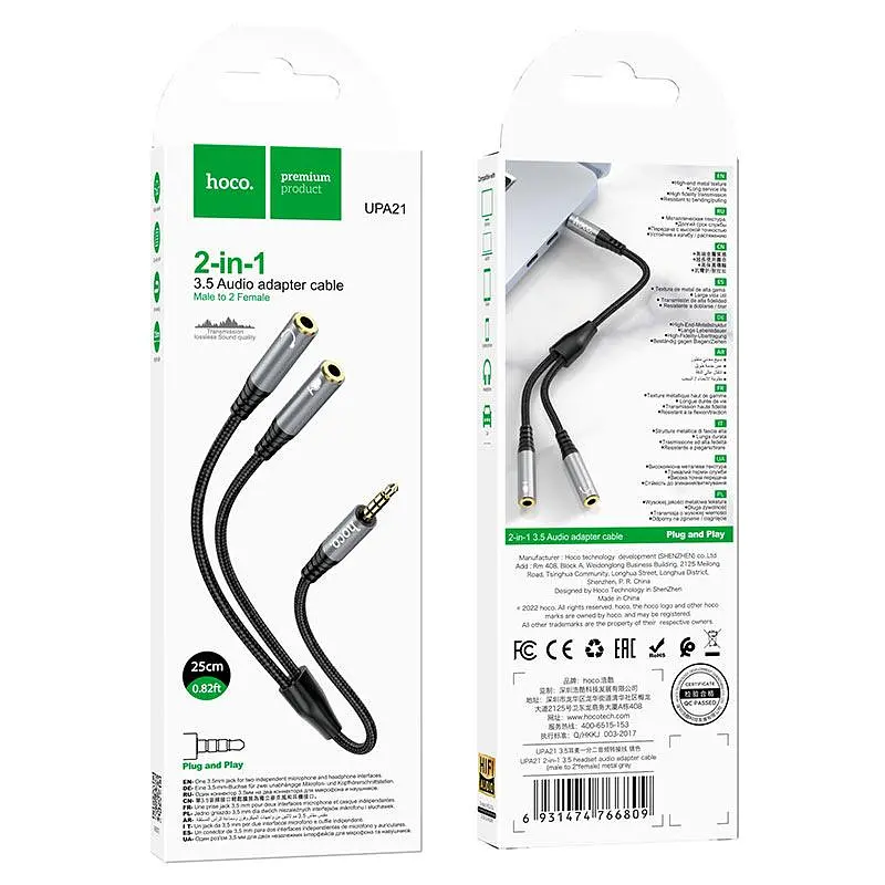 Кабель Hoco UPA21 2 в 1 3.5 headset audio adapter cable male to 2 female Темно-сірий - фото 2