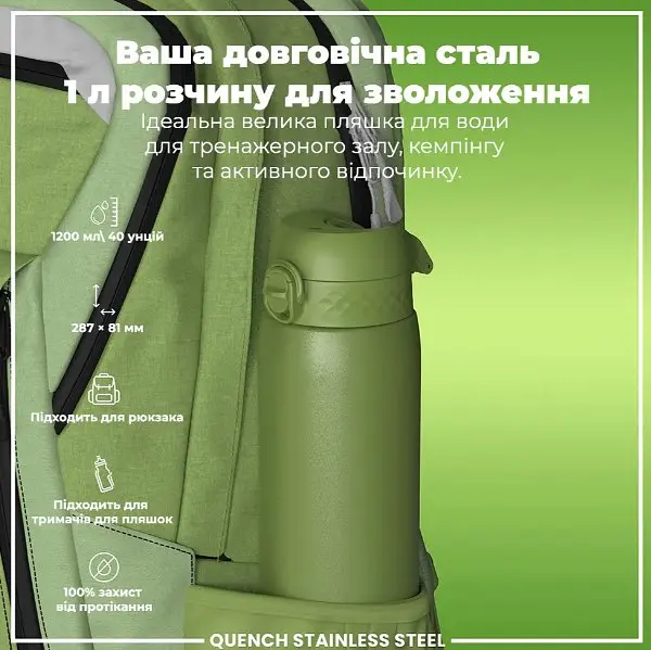 Пляшка для води ION8 металева 1200 мл Stainless Steel Khaki Green (I8SS1000KGRE) - фото 5