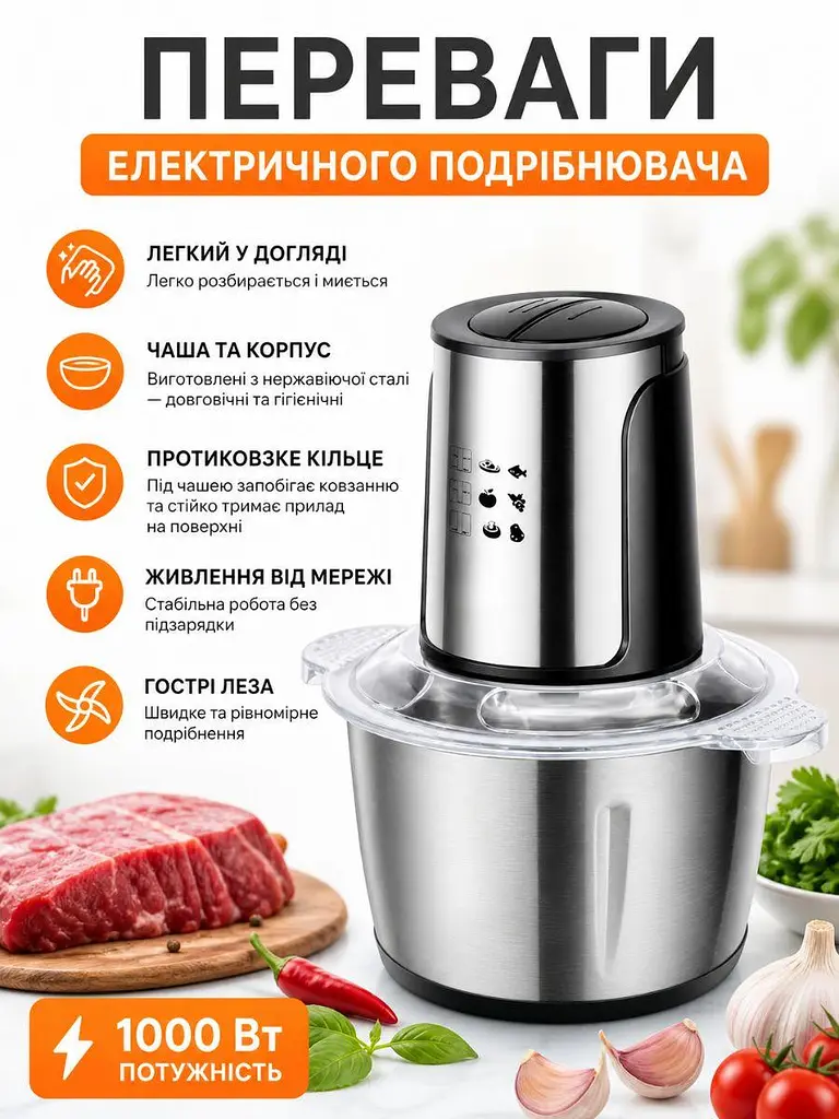 Кухонний комбайн-подрібнювач 2 л 1000 Вт з чашею з нержавіючої сталі, сріблястий (49675883) - фото 5
