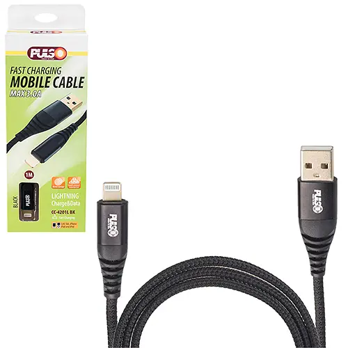 Кабель PULSO USB - Lightning 3А, 1m, black (швидка зарядка/передача даних)