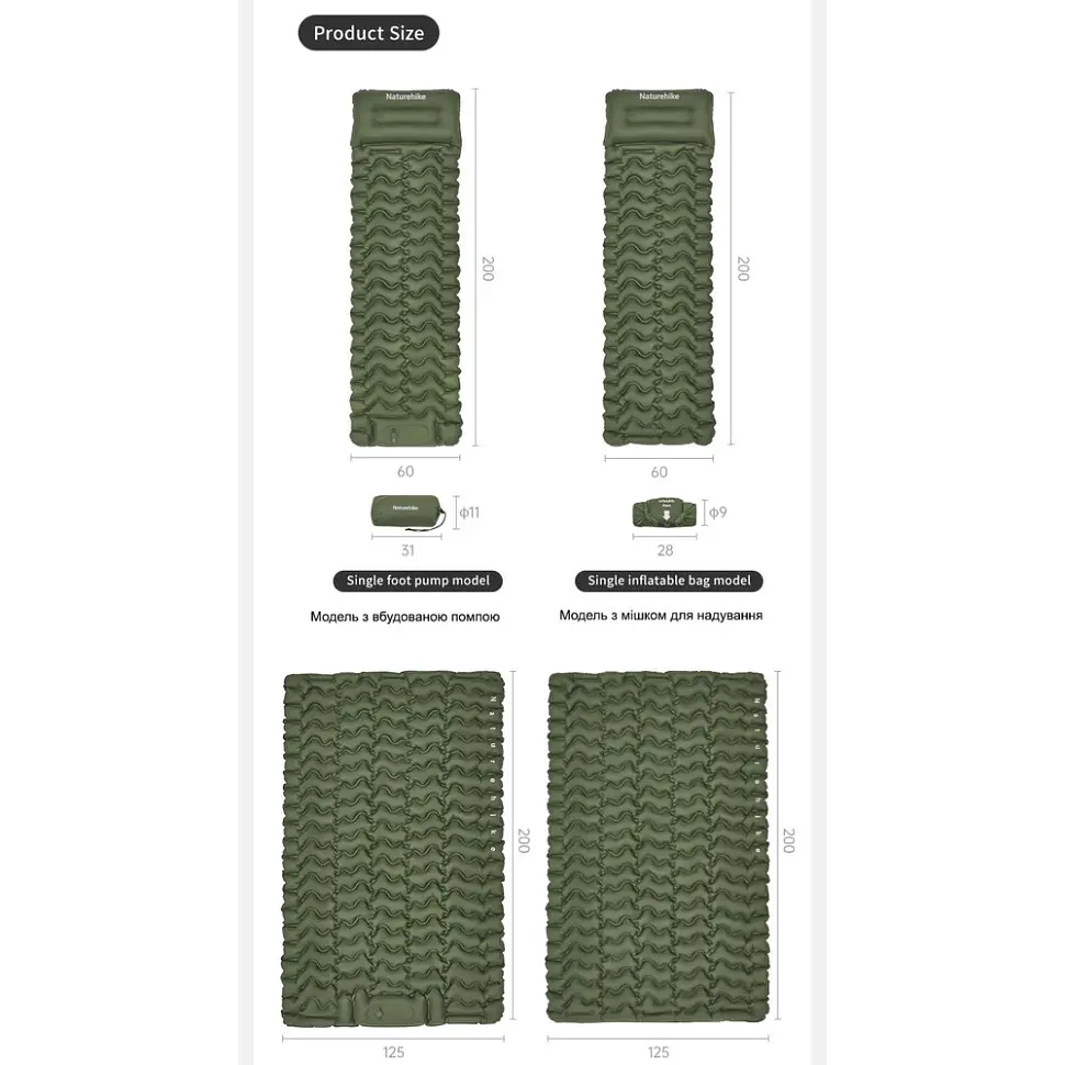Матрац туристичний надувний двомісний Naturehike CNK2550WS019, 200х125х6.5 см, синій із вбудованою помпою для надування - фото 14