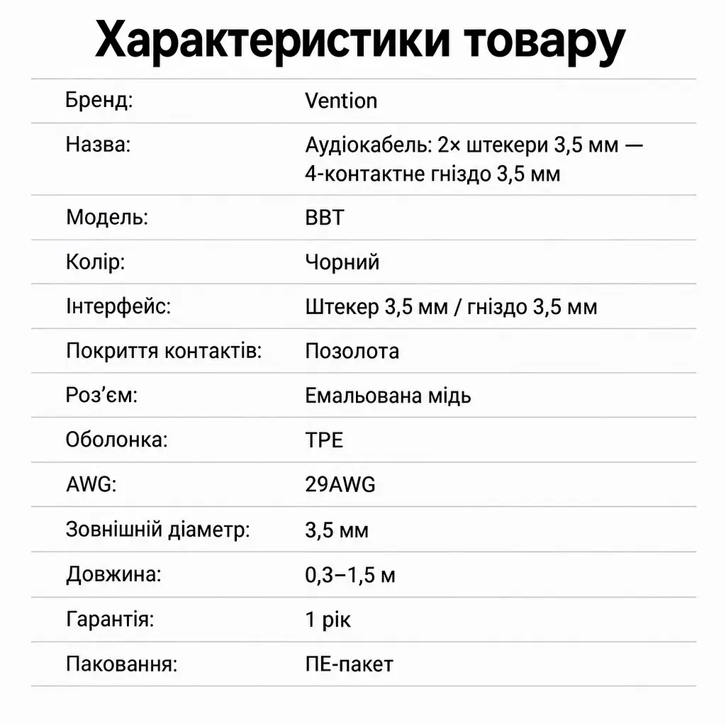 Кабель-разветвитель Vention Длина кабеля 0,3 м Адаптер для гарнитуры 4-контактное гнездо 3,5 мм для комбинированного штекера и два штекера 3,5 мм для подключения к отдельному аудиовыходу и микрофонному входу Совместимость с OMTP без поддержки CTIA Передвижной фиксатор для упорядочивания ветвей кабеля Чёрный с золотистыми контактами (BBTBY) - фото 6