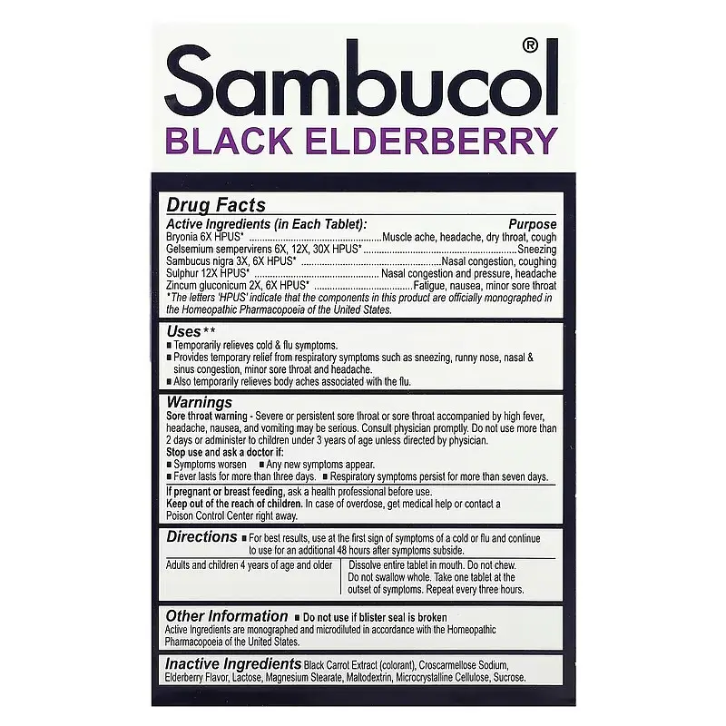 Бузина Black Elderberry Cold & Flu Relief 30 таблеток Sambucol vit0006446 - фото 2