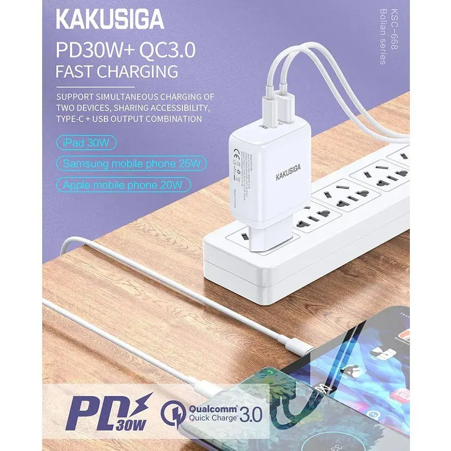 Зарядное устройство для смартфона Kakusiga KSC668 dual port 30W QC3.0 + кабель 3А белое - фото 3
