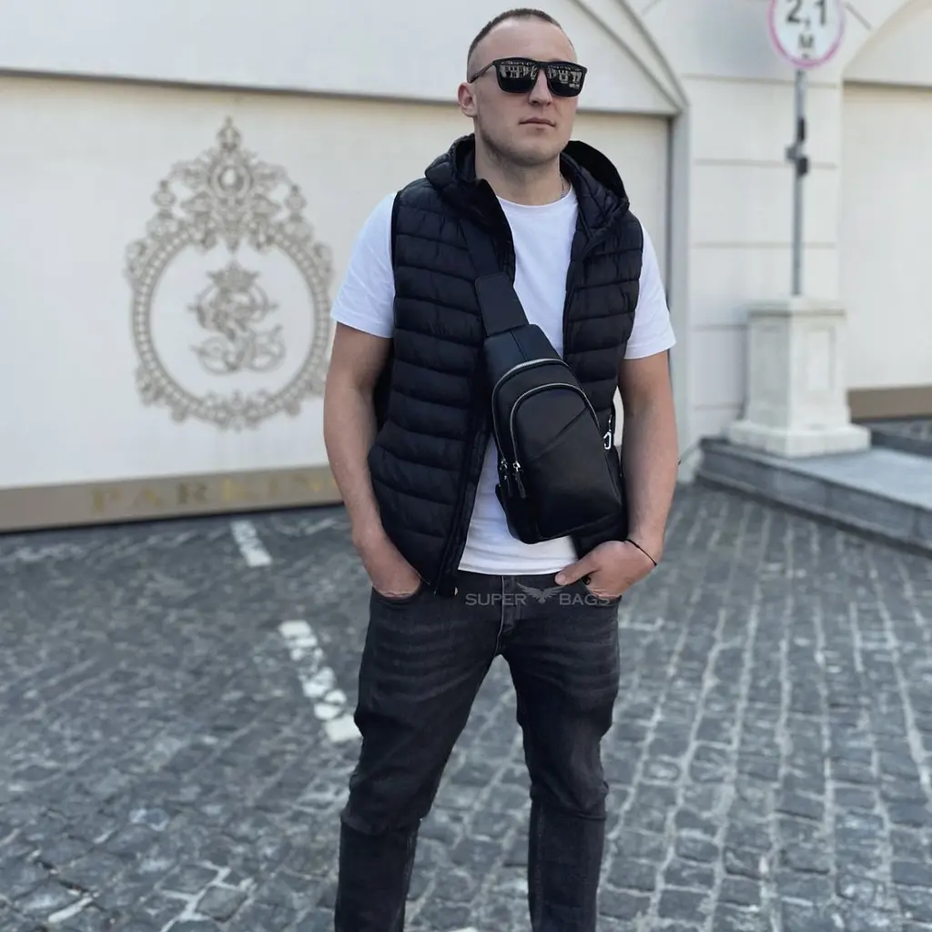 Сумка слінг чоловіча через плече 17х32х8 бананка з натуральної шкіри TIDING BAG A25F-515-1A чорна 17 см - фото 10