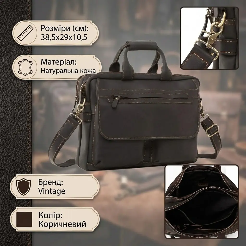 Сумка 14571 із вінтажної шкіри Vintage чорна - фото 3