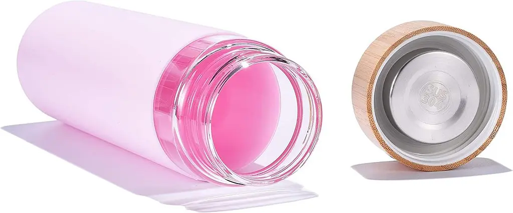 Пляшка скляна OldBro бамбукова кришка із захисним силіконовим чохлом Pink 590 мл - фото 3