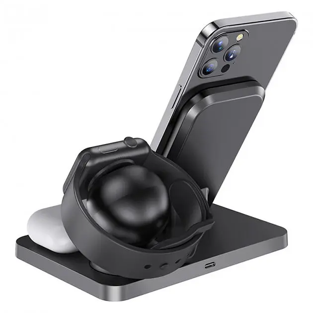 Бездротовий зарядний пристрій Hoco Wisdom 3-in-1 Wireless Fast Charger CW33 Black [62740] - фото 4