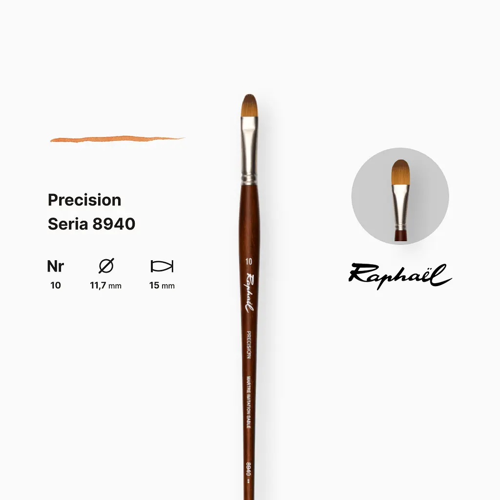 Кисть синтетика овальная Raphael Precision, №10, для акрила и масла, длинная ручка - фото 2