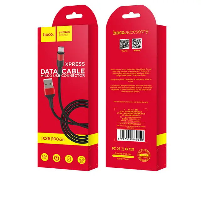 Кабель Hoco X26 Pisces Cable USB to MicroUSB 2A 1m Black - Red - фото 2