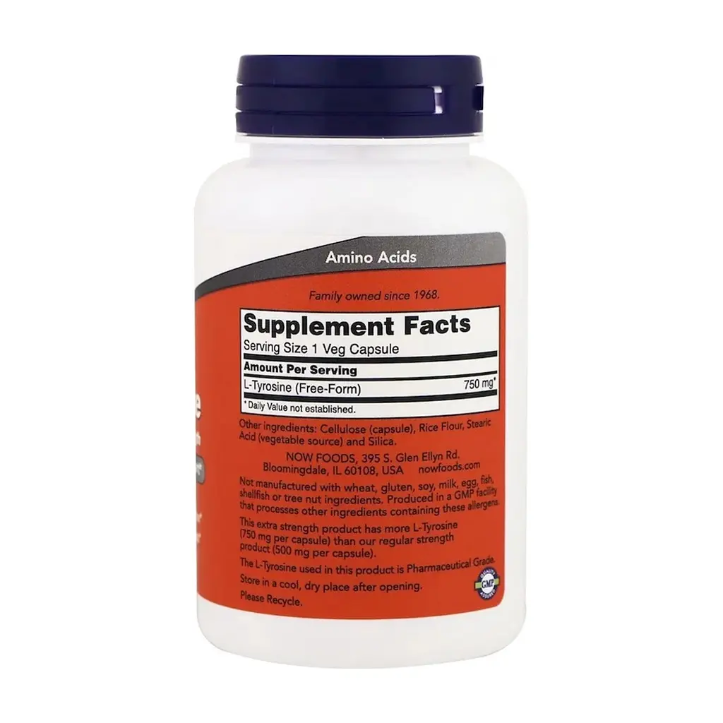 Амінокислота Now Foods L-Тирозин, L-Tyrosine, 750 мг, 90 вегетаріанських капсул (NOW-00165) - фото 2