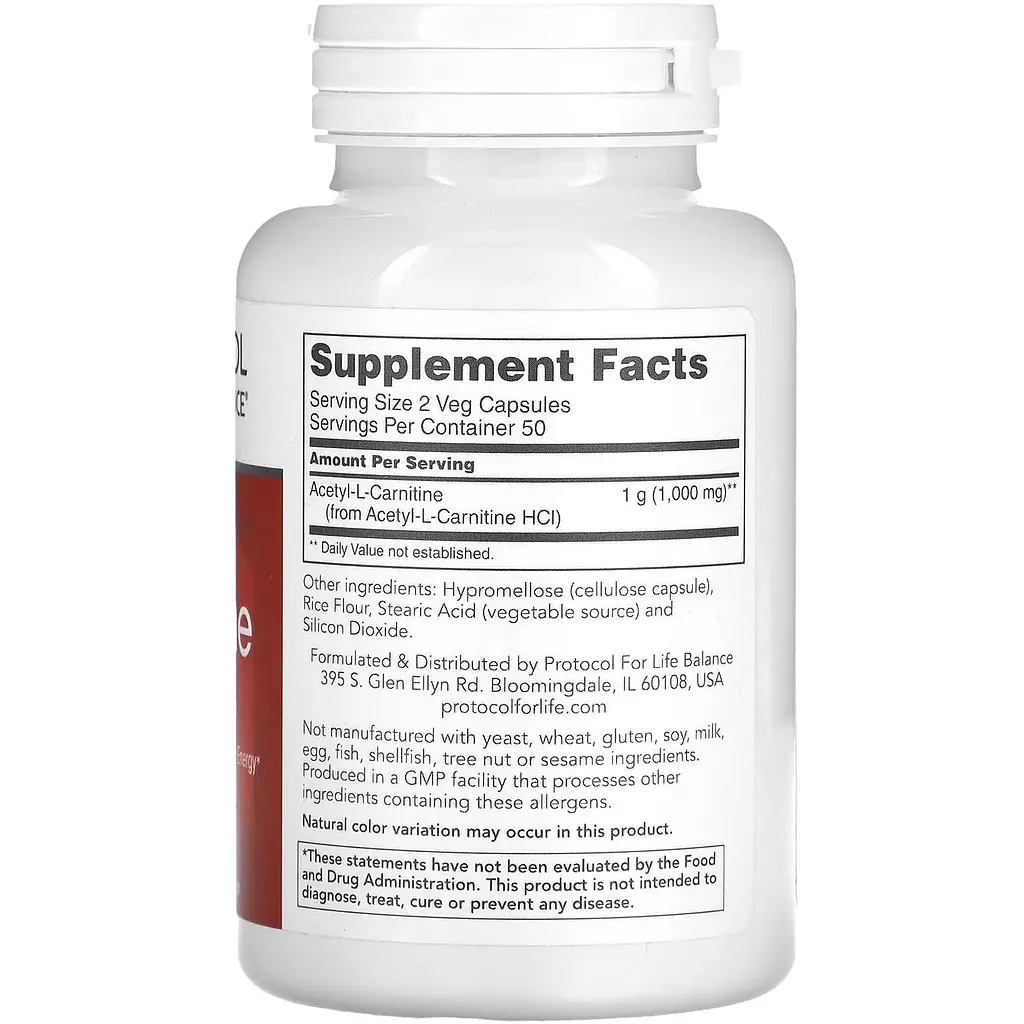 Ацетил-L-карнитин Protocol for Life Balance Acetyl-L-Carnitine 500 мг 100 капсул - фото 2