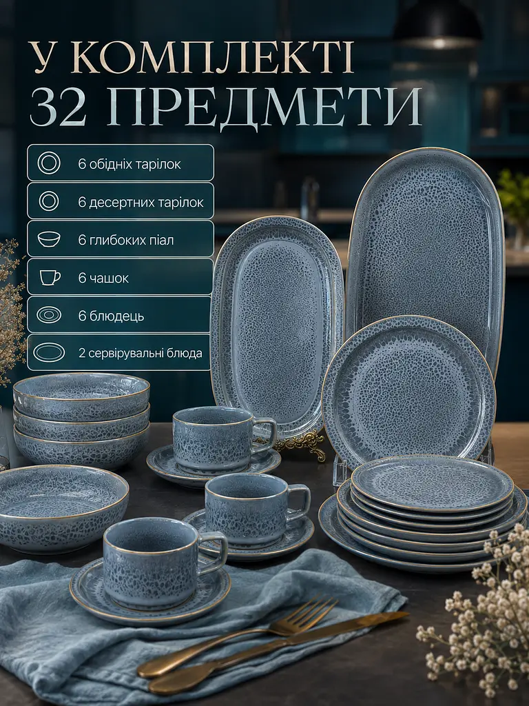 Керамічний столовий сервіз на 6 персон 32 предмети, набір посуду з чашками та тарілками сірий (26276283) - фото 7