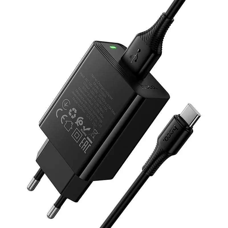 Мережевний зарядний пристрій Hoco CS92A Leader 18W+QC3.0 1USB-A + кабель USB to Type-C Black - фото 4