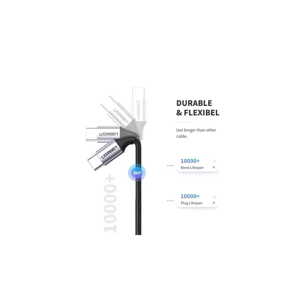 Дата кабель USB-C to USB-C 2.0m US261 18W Round Cable Nickel Plating Aluminum Shell Black Ugreen (50152) - фото 5