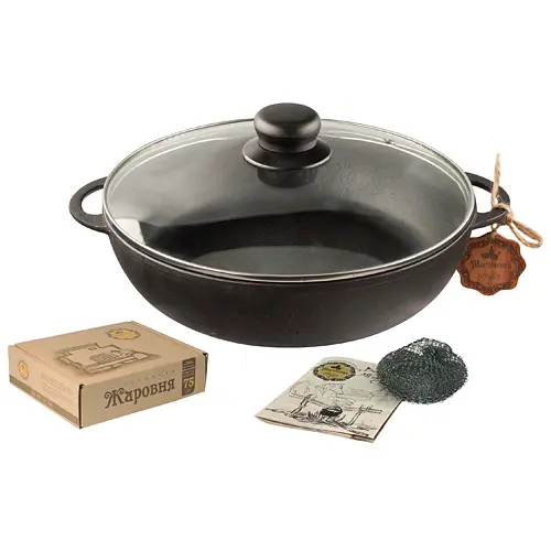 Жаровня Наша мастерская чугунная литая со стеклянной крышкой 28х6 см (Т104С3) - фото 2