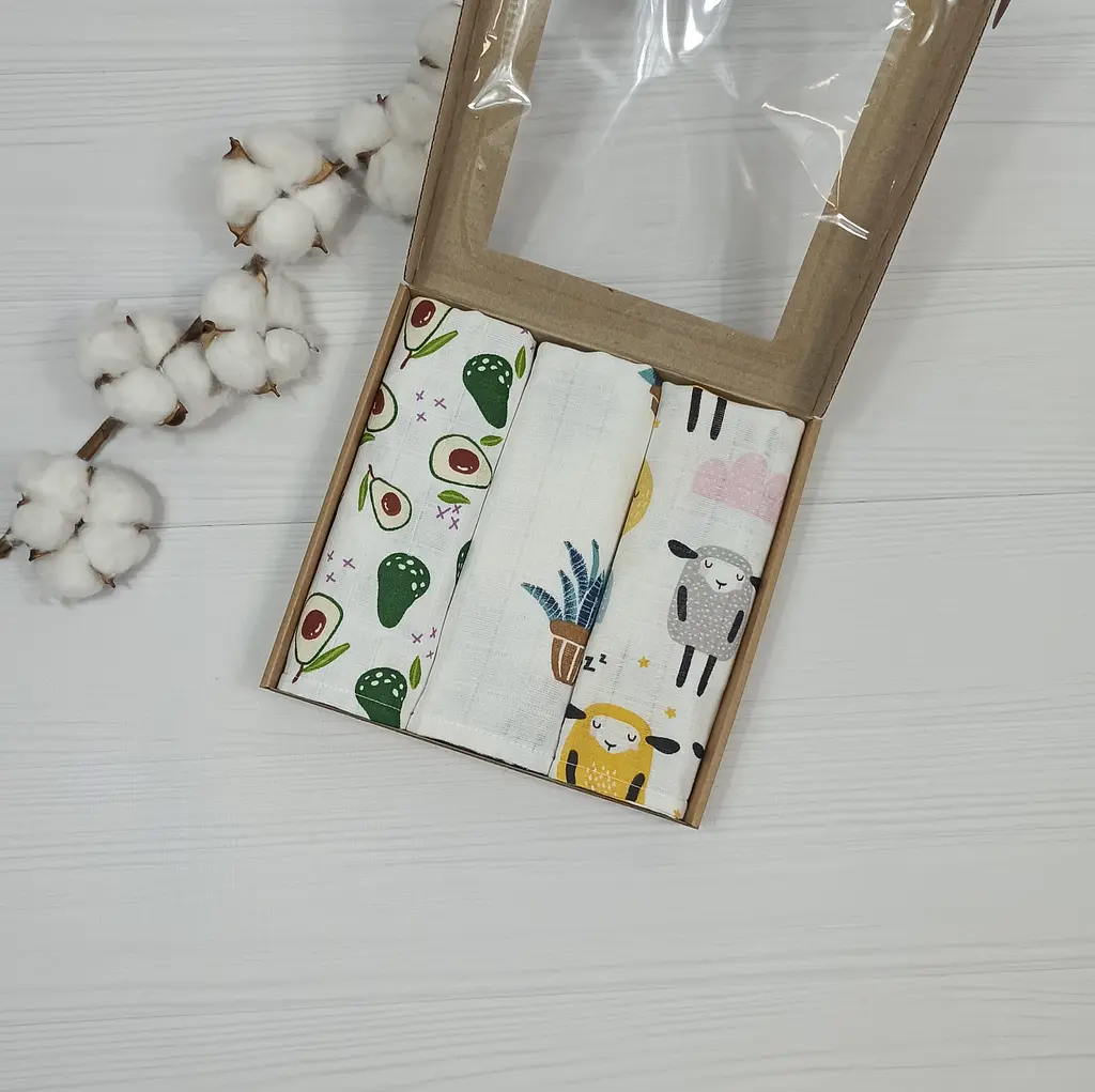 Набір з 3 муслинових серветок a.l.babybox Авокадо кактуси баранчики Різнокольорові - фото 5