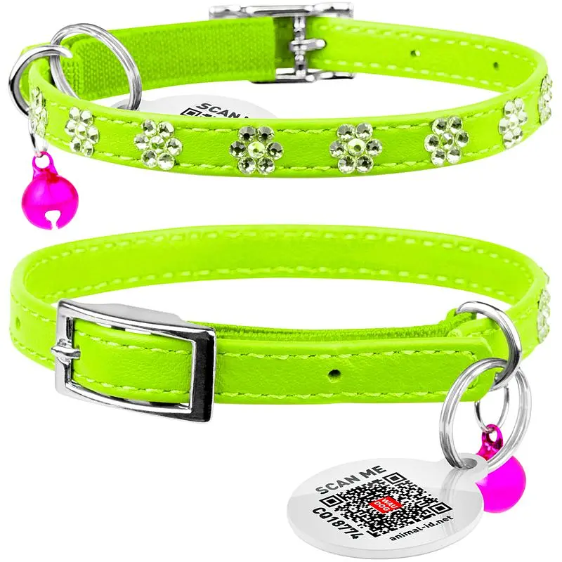 Ошейник для кошек Waudog Glamour Цветочек кожаный с эластичной вставкой и стразами 22-30х0.9 см салатовый - фото 3