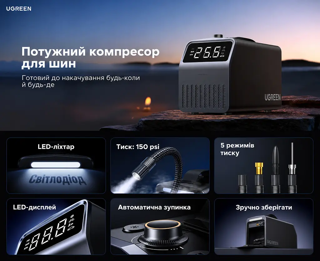 Автомобільний компресор UGREEN ET722 від прикурювача 12 В до 150 PSI (10,3 бар) 30 л/хв Schrader автостоп за заданим тиском дисплей із підсвічуванням LED-ліхтар сигнальний режим і SOS 5 режимів із налаштуванням тиску автовимкнення при перегріванні комплектні адаптер Presta й насадки для м’ячів і надувних виробів вбудовані кабель живлення 3 м та шланг 0,6 м в обплетенні відсіки для зберігання двигун 120 Вт темно-сірий із чорним і світло-сірою панеллю (15627) - фото 4