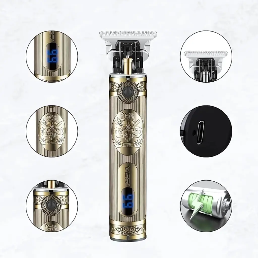 Професійний бездротовий тример для волосся VGR Professional Hair акумуляторний, з LED дисплеєм, 2000 mAh USB, Золотистий - фото 2