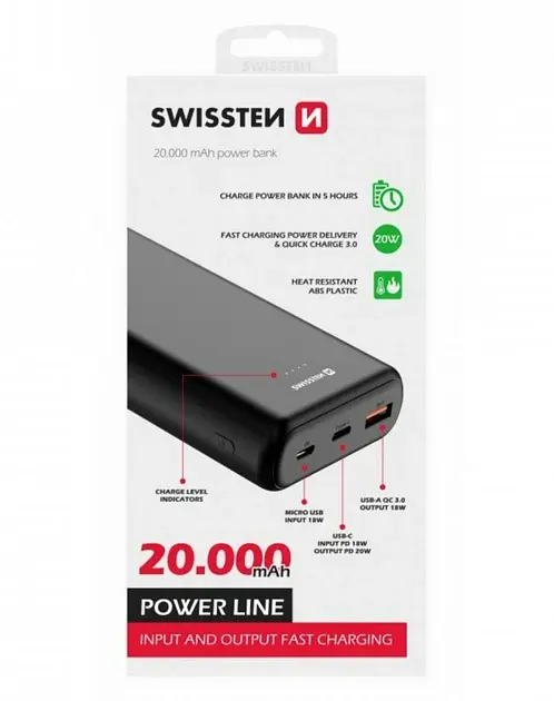 Зовнішній акумулятор Swissten Power Line 20000mAh (FC QC 3.0) 20W (Чорний) - фото 2