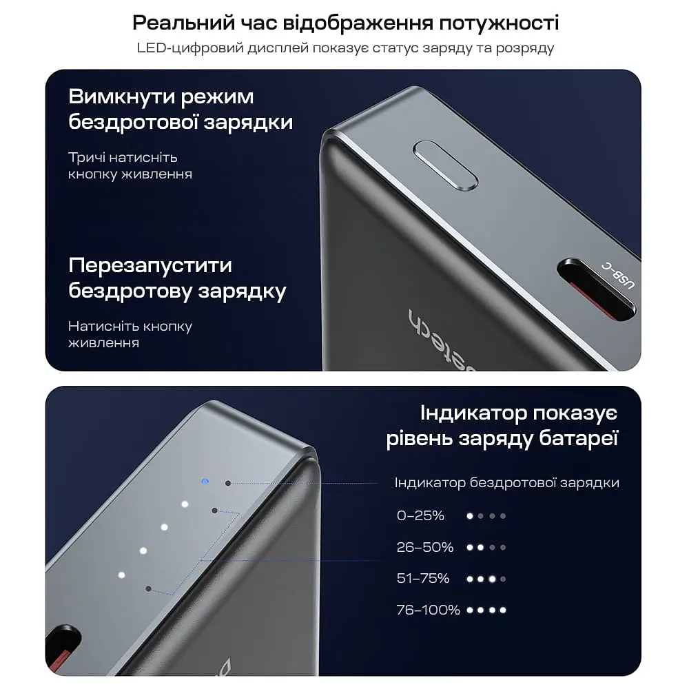 Повербанк 10000mAh Choetech B739 Black QC3.0 PD3.0 бездротова магнітна зарядка (43-00151) - фото 8