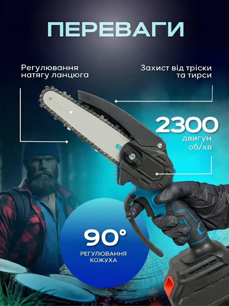 Акумуляторна ланцюгова міні електрична пилка 6″, для обрізання дерев і розпилювання дров + 2 акумулятори 48V, блакитна (90776891) - фото 3