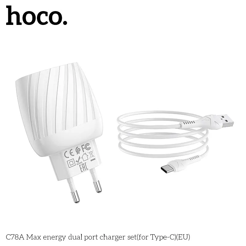 Адаптер мережевий HOCO Type-C Cable Max energy C78A 2 виходи білий - фото 7