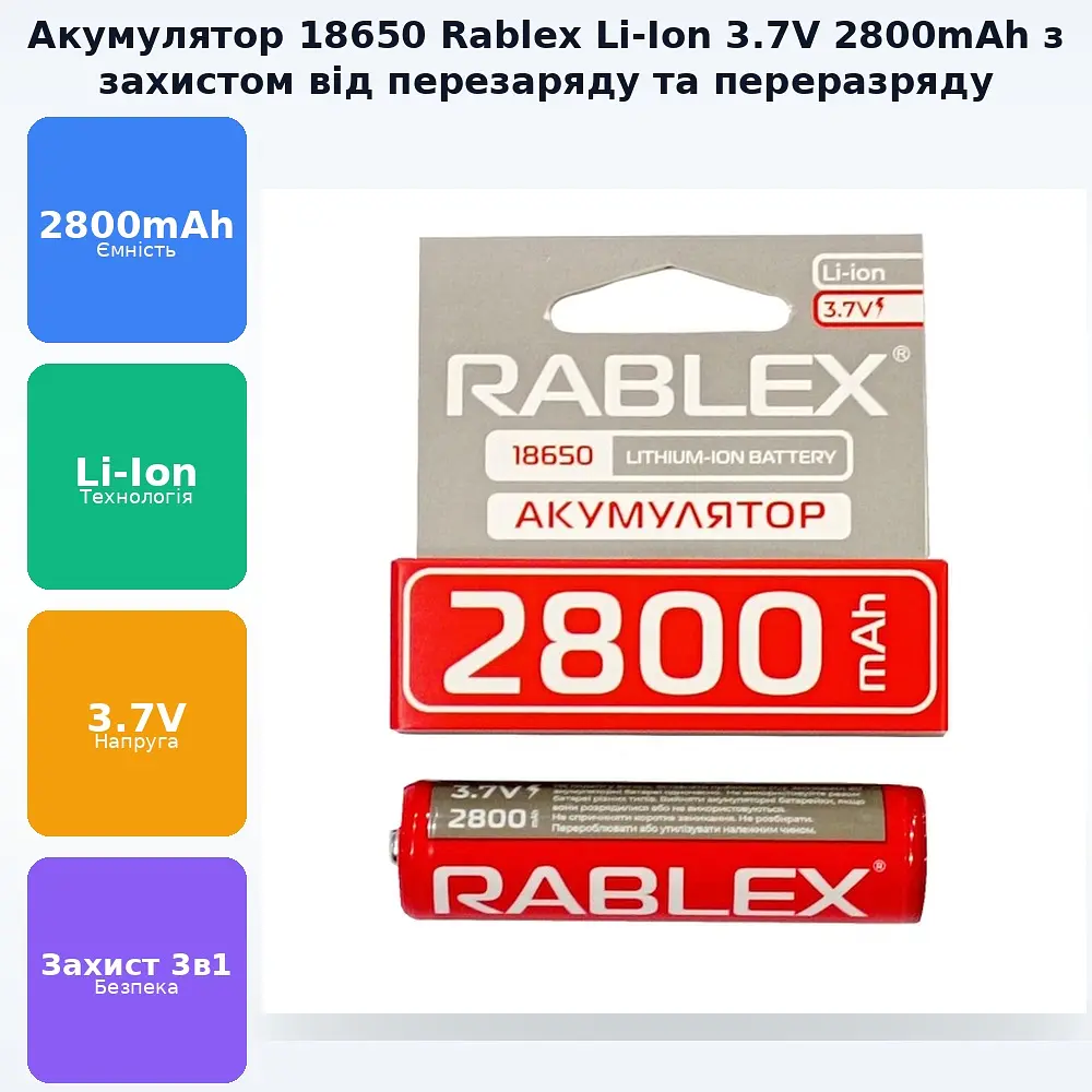 Акумуляторна батарея 18650 2800мAч літій-іонний акумулятор із захистом від перезаряду та перерозряду Rablex Li-ION 3.7V 1 шт - фото 2