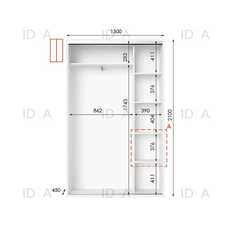 Шафа-купе Idea серія 5 130 x 45 x 210 см Білий Дзеркало - фото 2