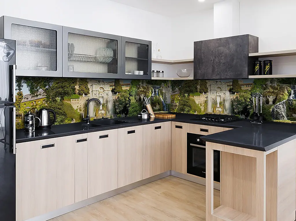Вініловий кухонний фартух Замок з фонтаном наклейка для кухні ПВХ Архітектура Зелений Happy Pocket Z181898 - фото 2