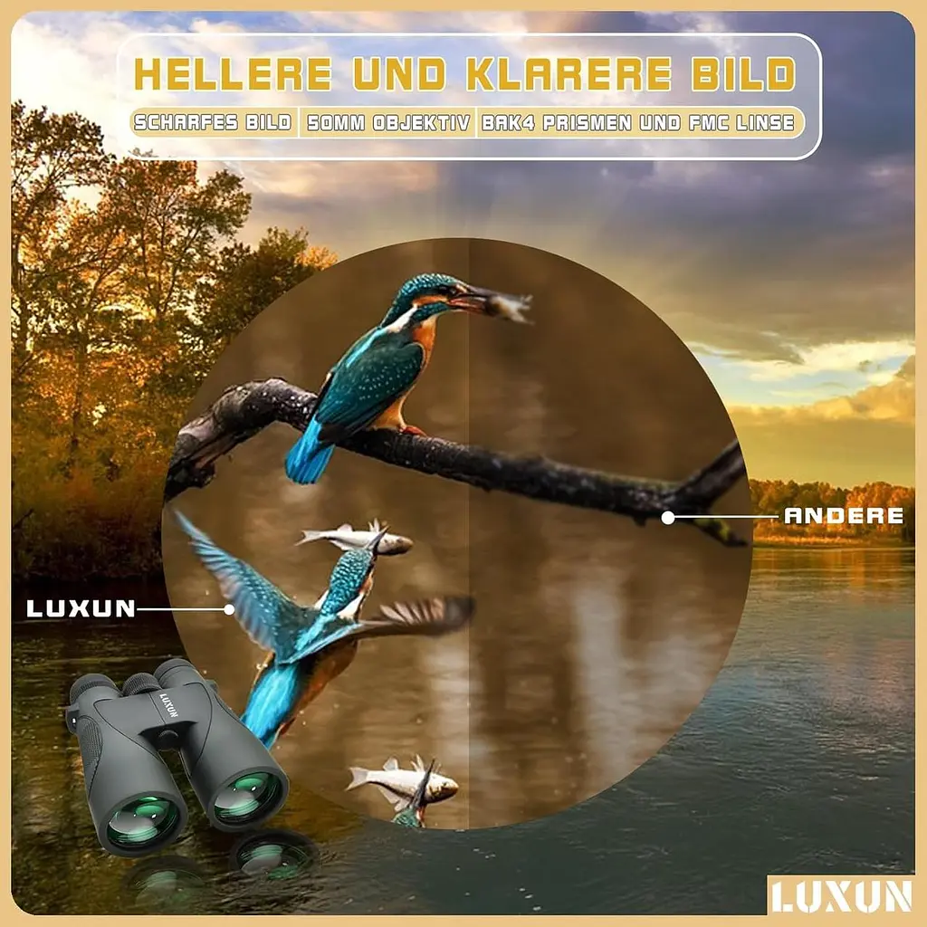 Бінокль LUXUN 12x50 HD для дорослих з чохлом для адаптера для смартфона, 20-міліметровим мисливським біноклем з покриттям FMC - фото 3