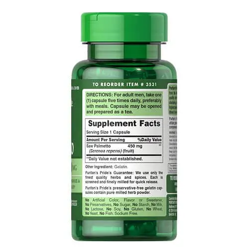 Со Пальметто Saw Palmetto 450 mg 100 капсул Puritan's Pride vit0004919 - фото 2