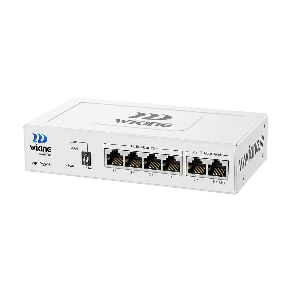 PoE-комутатор 6-портовий некерований Wiking WK-PS206 V2, 4x100Mbps PoE, 2x100Mbps Uplink, 45W (73-00270)