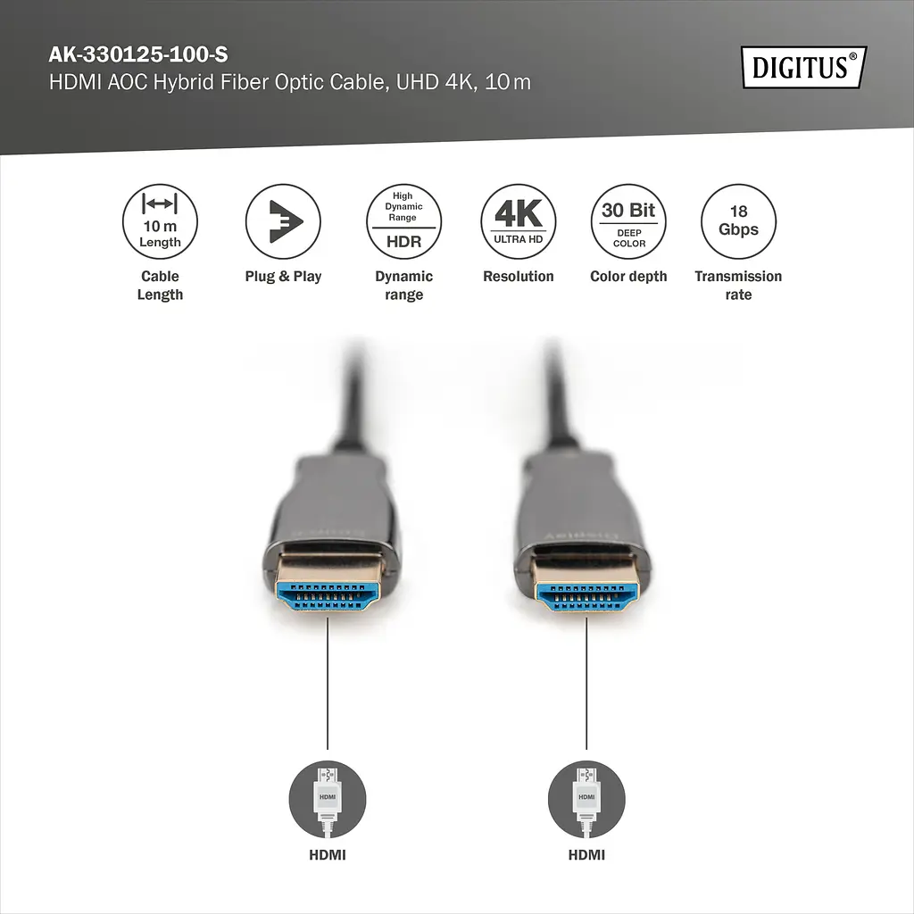 Гібридний оптоволоконний Кабель DIGITUS HDMI 2.0 4K AOC 10m Black - фото 4