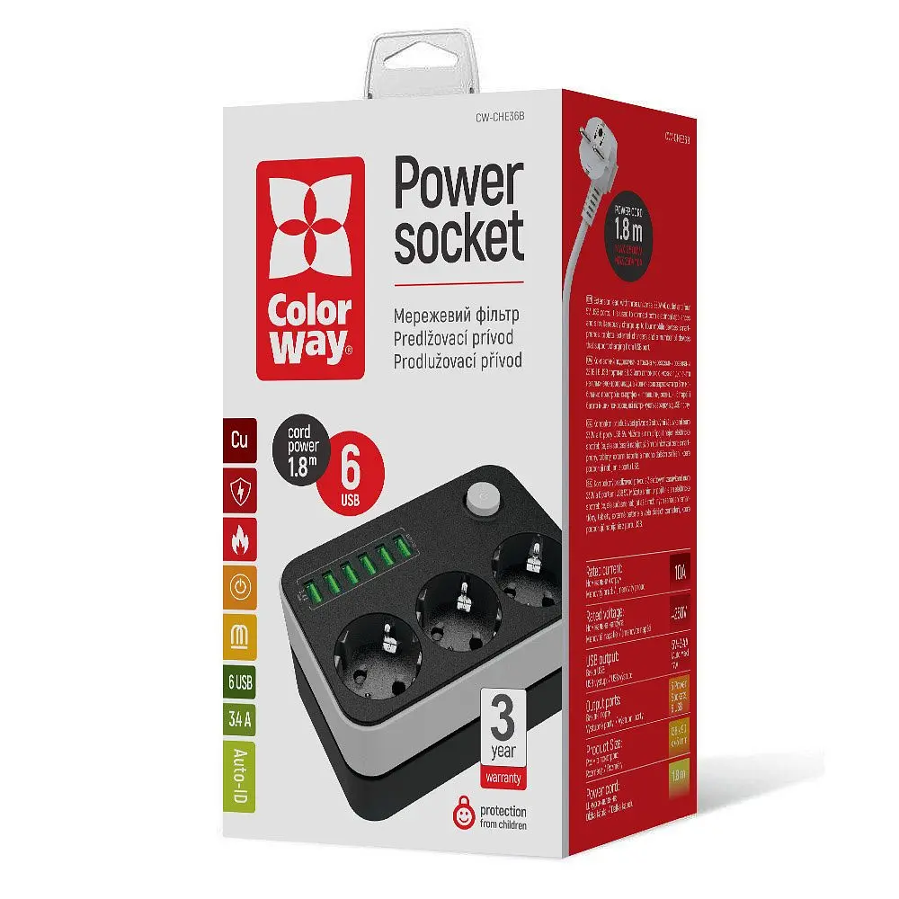 Мережевий фільтр-подовжувач СolorWay 3 розетки/6USB (CW-CHE36B) - фото 7
